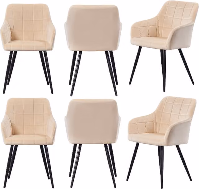 Life Interiors Set of 6 Camden Modern Velvet Dining Chairs with Armrests and Black Metal Legs in White – 1