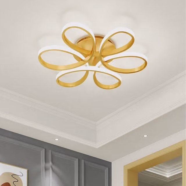 Komore Large Petal Design Gold LED Semi Flush Ceiling Light in Gold/Brass and White