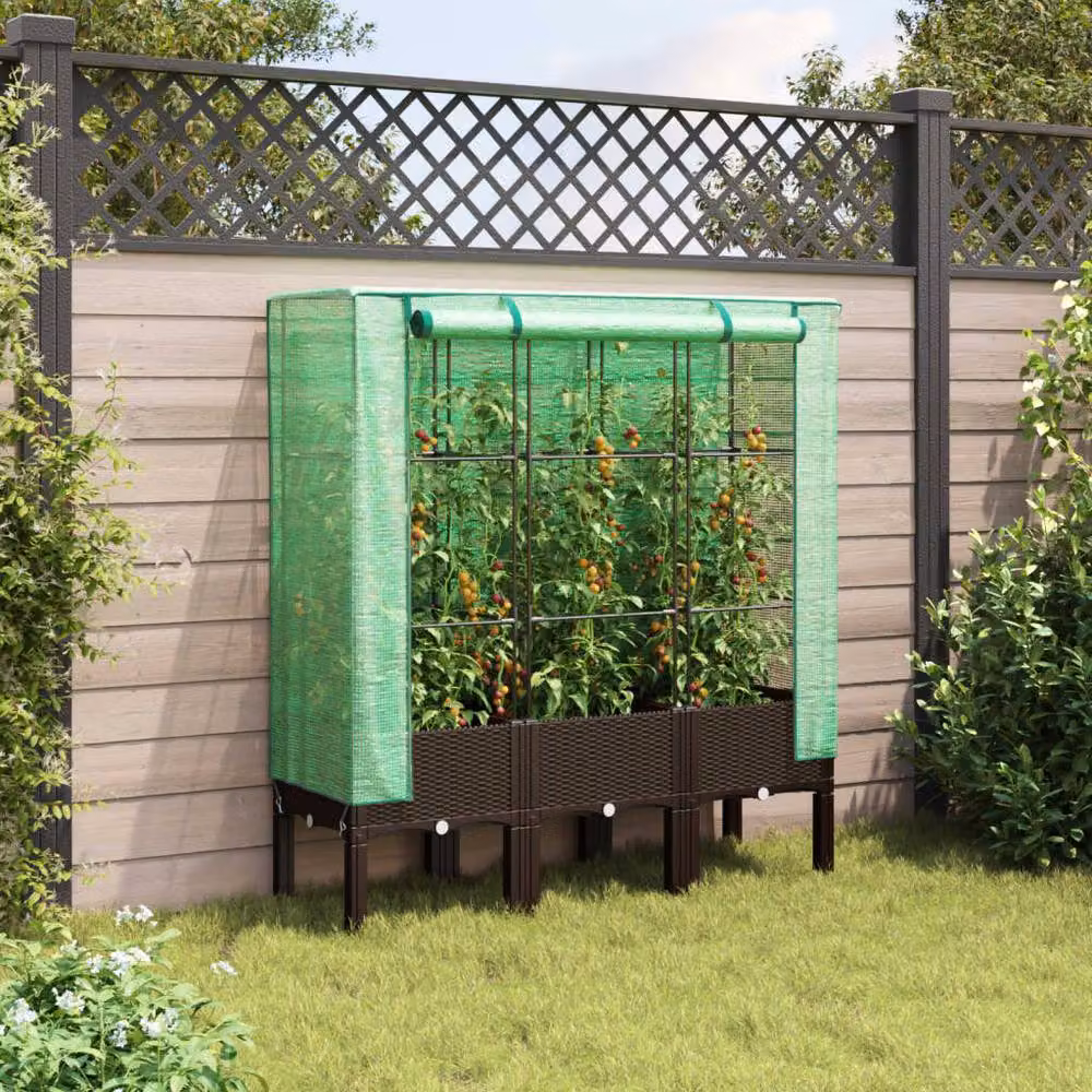 Berkfield Home Raised Bed with Greenhouse Cover in Brown Rattan Look, W/D/H: 120 x 40 x 140 cm – 3