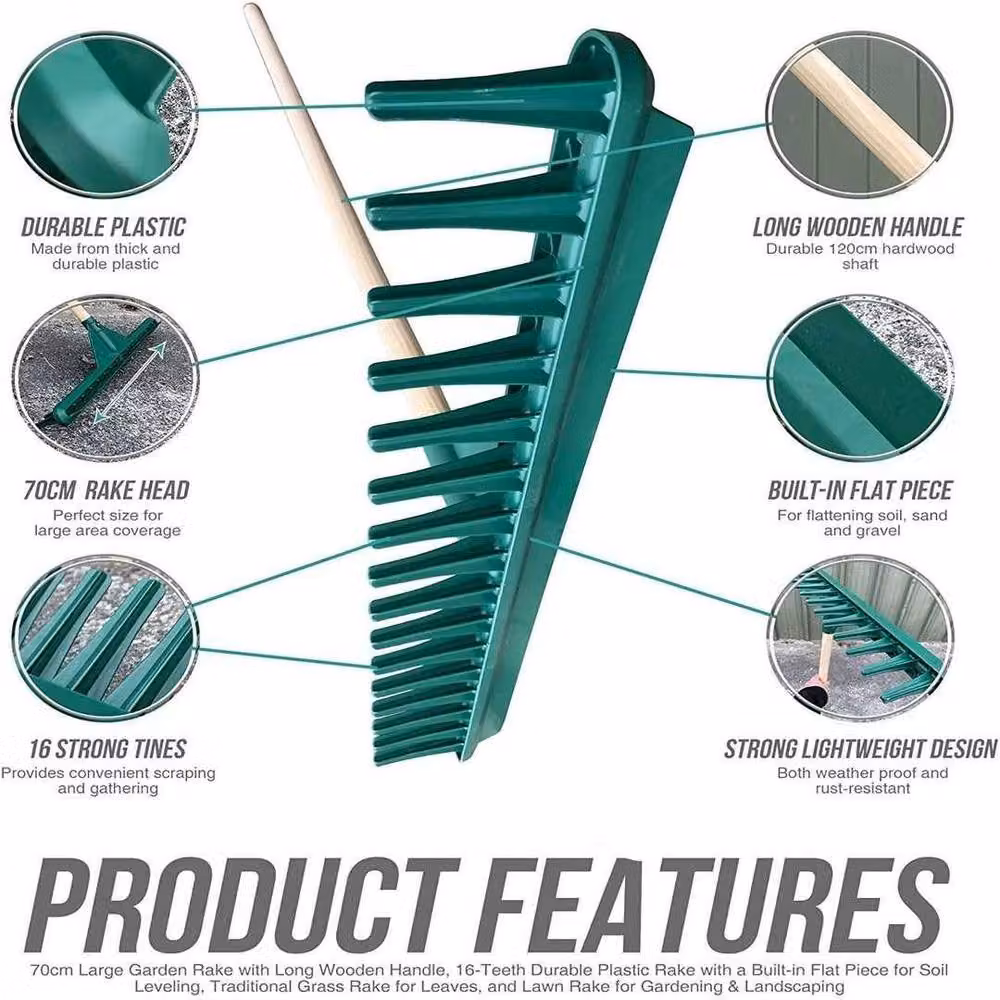Havendro Large Heavy Duty Garden Rake with 16 Tines and 120cm Handle, Green – 3