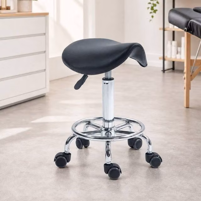 STILVORA Adjustable Height Saddle Stool in Black with Faux Leather and Castors