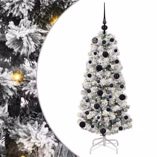 vidaXL Artificial Hinged Christmas Tree in Green, White and Black, Height: 120 cm