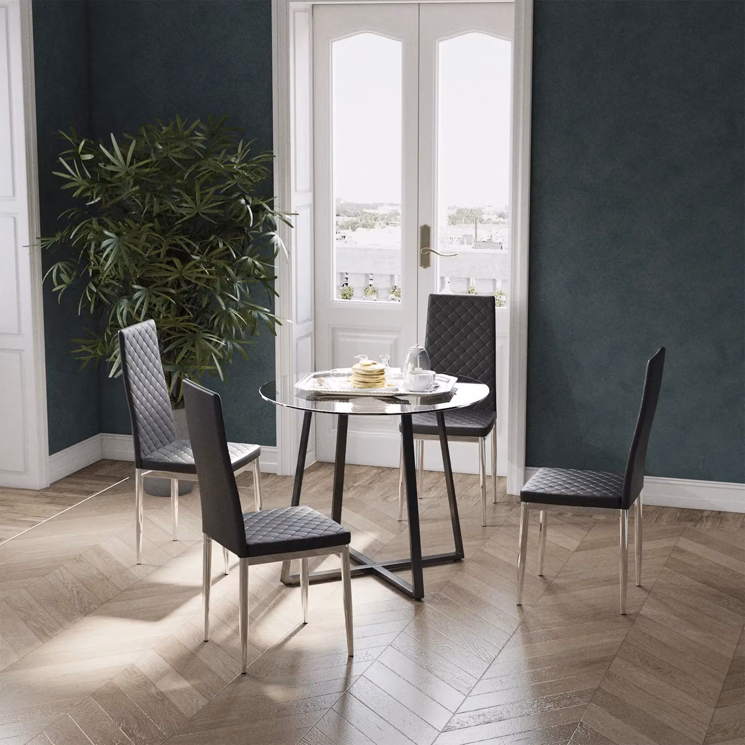 Living and Home Modern Round Tempered Glass Dining Table in Black – 3