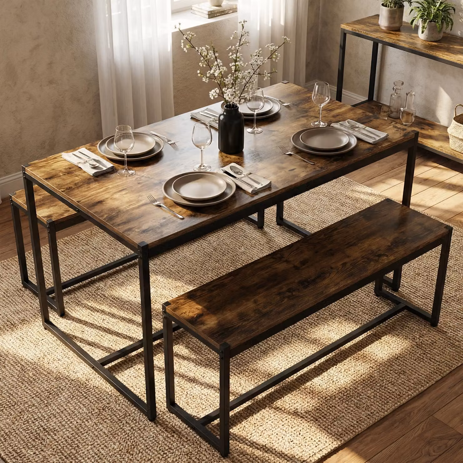 Orvak Rustic 4 Seater Dining Table and Bench Set in Black and Brown, W/D/H: 110 x 70 x 70 cm