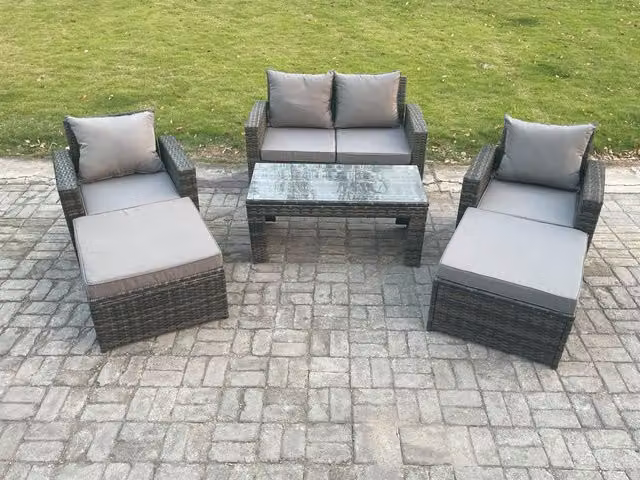 Fimous 6 Seater High Back Rattan Garden Furniture Set in Dark Grey with Rectangular Coffee Table, Armchairs and 2 Footstools