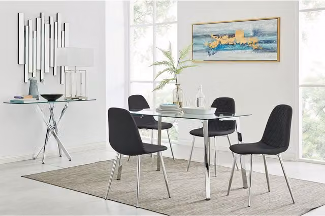 FurnitureboxUK Cosmo Modern Black Glass Kitchen Dining Table and 4 Corona Silver Leg Dining Chairs