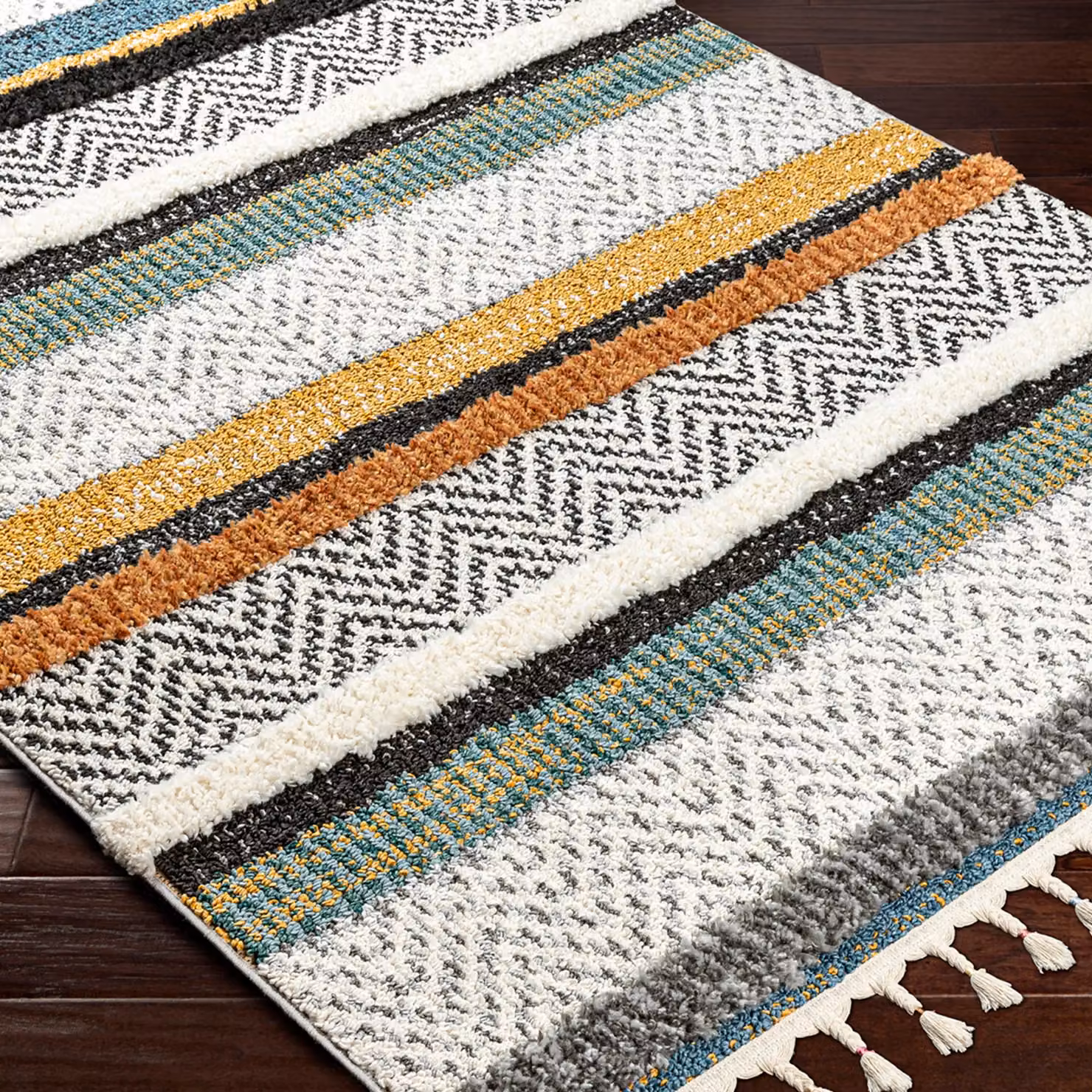 Livabliss Lofty-Shaggy Vintage Boho Plush Soft Pile Fringe Rug in Multicolour (White, Black, Yellow) W: 200 cm, D: 275 cm – 6