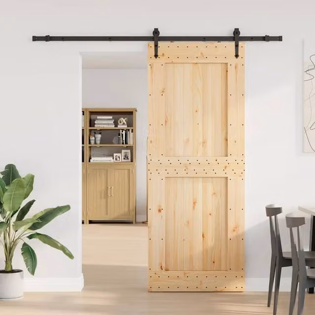 Berkfield Home Modern Sliding Door with Hardware Set in Beige Solid Wood, W: 90 cm, H: 210 cm – 1