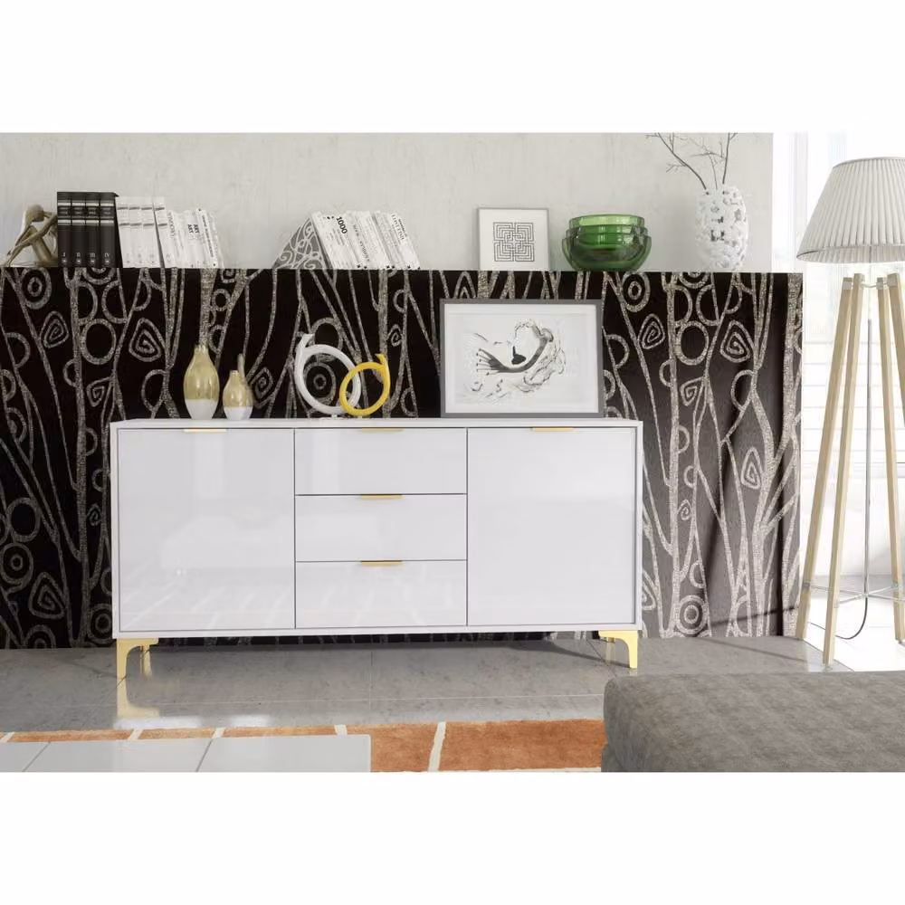 Mex Furniture LTD Goldline Glossy White and Gold Sideboard, W: 140 cm, H: 80 cm, D: 35 cm – 2