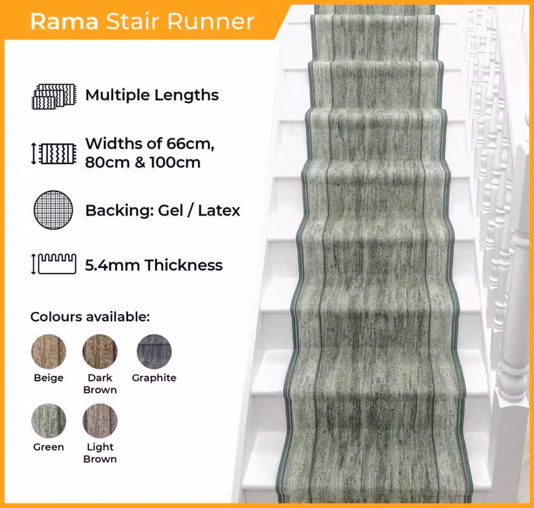 runrug Rama Stair Runner Carpet, Green, W: 66 cm, L: 480 cm