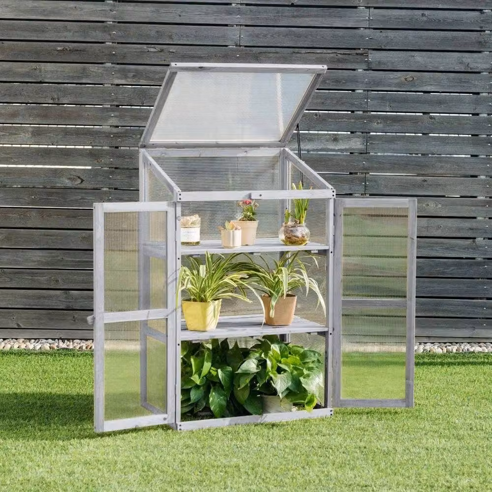 NESTLUNE Mini Wooden Greenhouse Planting Box in Grey, W/D/H: 100 x 100 x 100 cm – 2