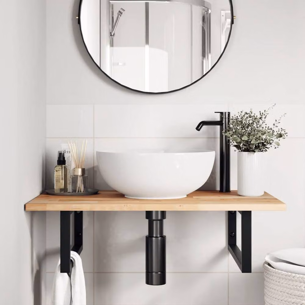 Berkfield Home Wall Mounted Basin Shelf in Brown Acacia Wood and Steel – 2