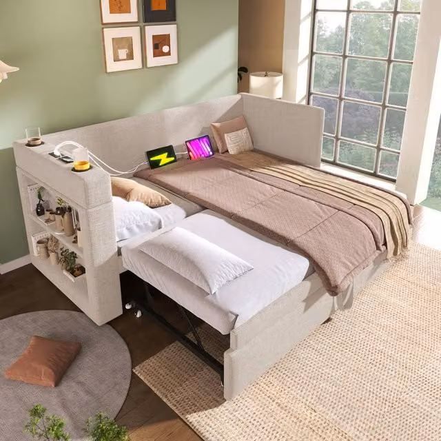 Rolipo Single Sofa Bed with Trundle and USB, Upholstered Modern Daybed, Beige