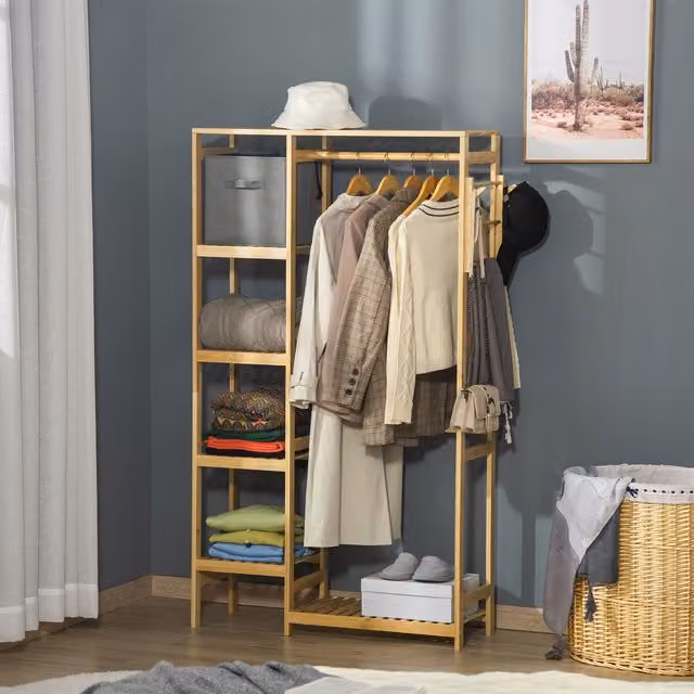 HOMCOM Bamboo Coat Rack with Storage Shelf and Hanging Rail in Brown – 3