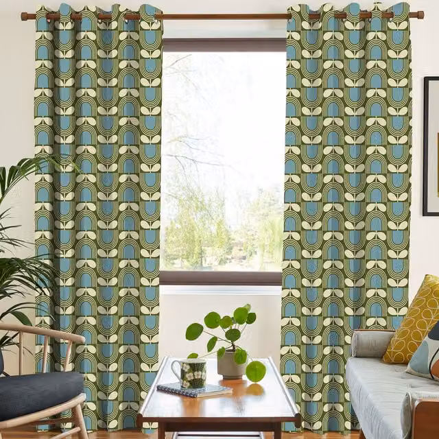 Orla Kiely Made To Measure Striped Tulip Blackout Eyelet Curtains in Bancha Green and Blue Cotton