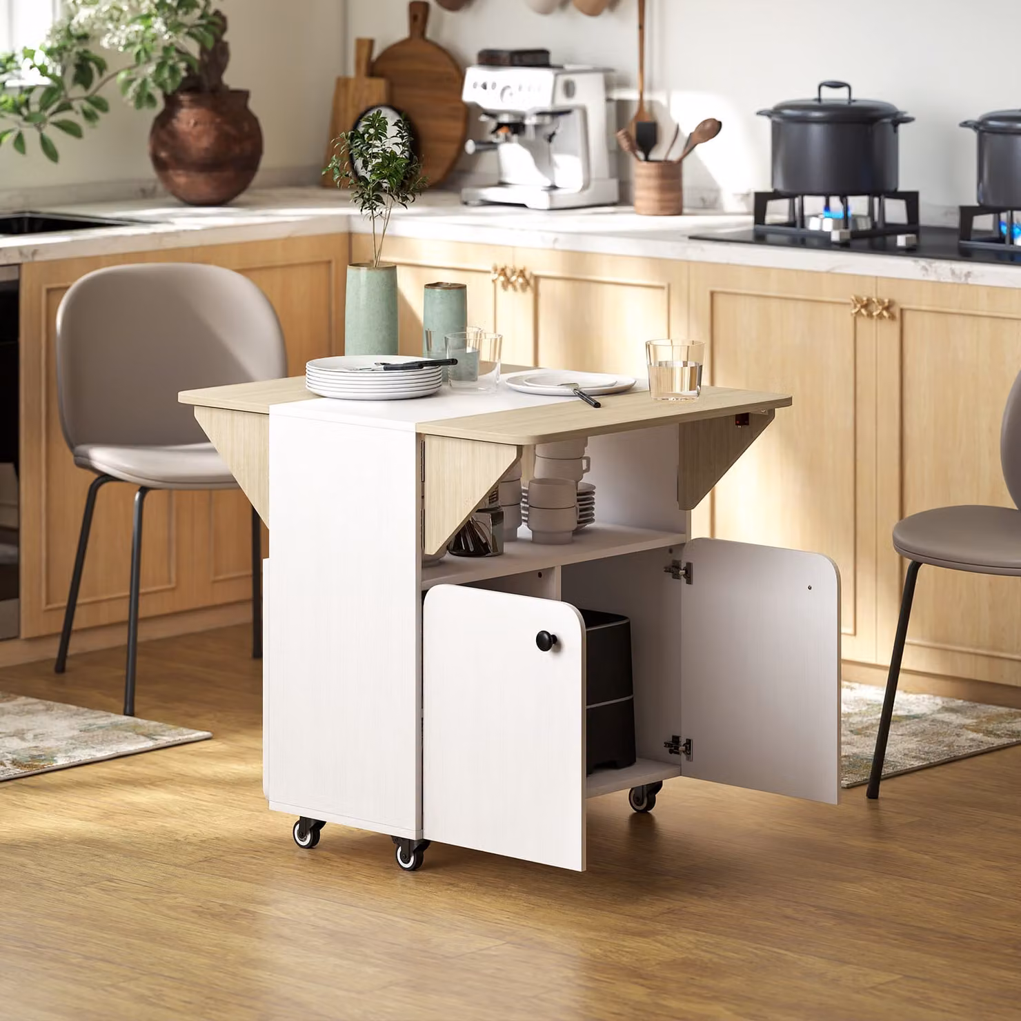 HOMCOM White Folding Dining Table with Drop Leaf, Hidden Shelf and Cabinet for Small Spaces – 2