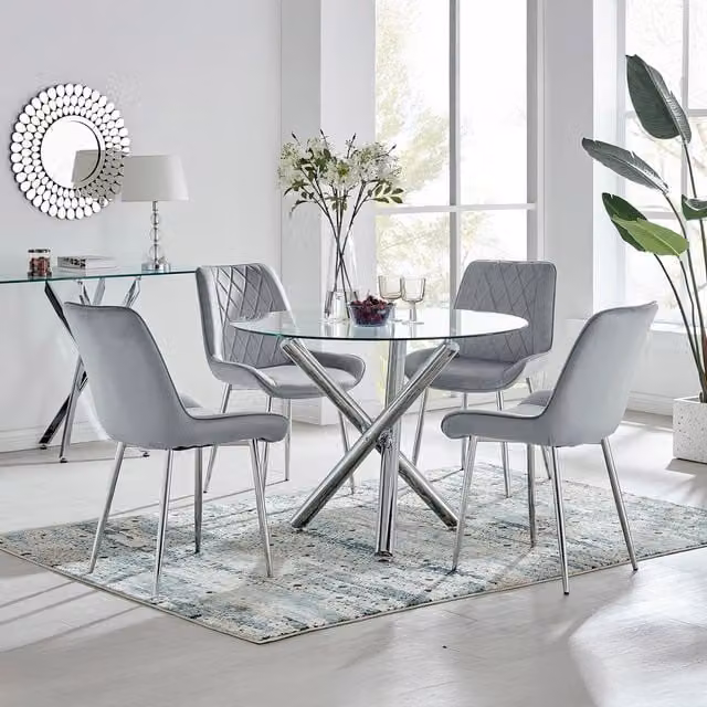 FurnitureboxUK Selina Round Glass Dining Table with Four Grey Pesaro Silver Leg Chairs – 1