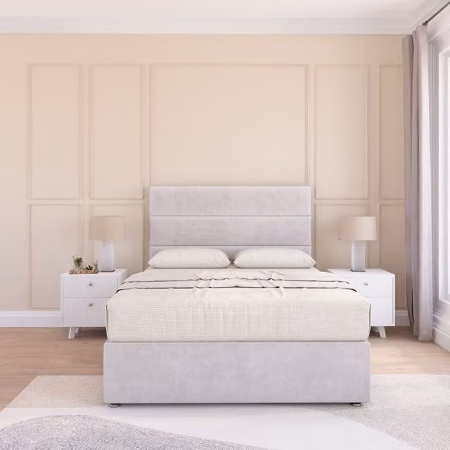 Sloomy Texas Double Plush Velvet Memory Foam Hybrid Bed Set with Headboard in Silver, W/D/H: 140 x 200 cm