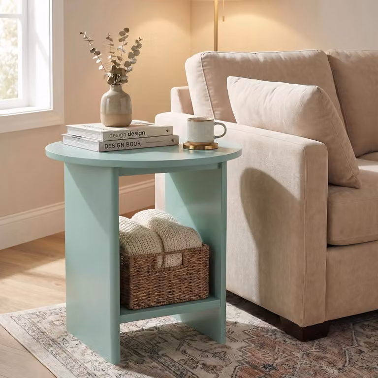 DHS Small Round Side Table with Shelf in Sage Green, W/D/H: 45 x 45 x 50 cm