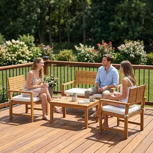 Outsunny 4 Seater Acacia Wood Garden Furniture Set with White Cushions – 5