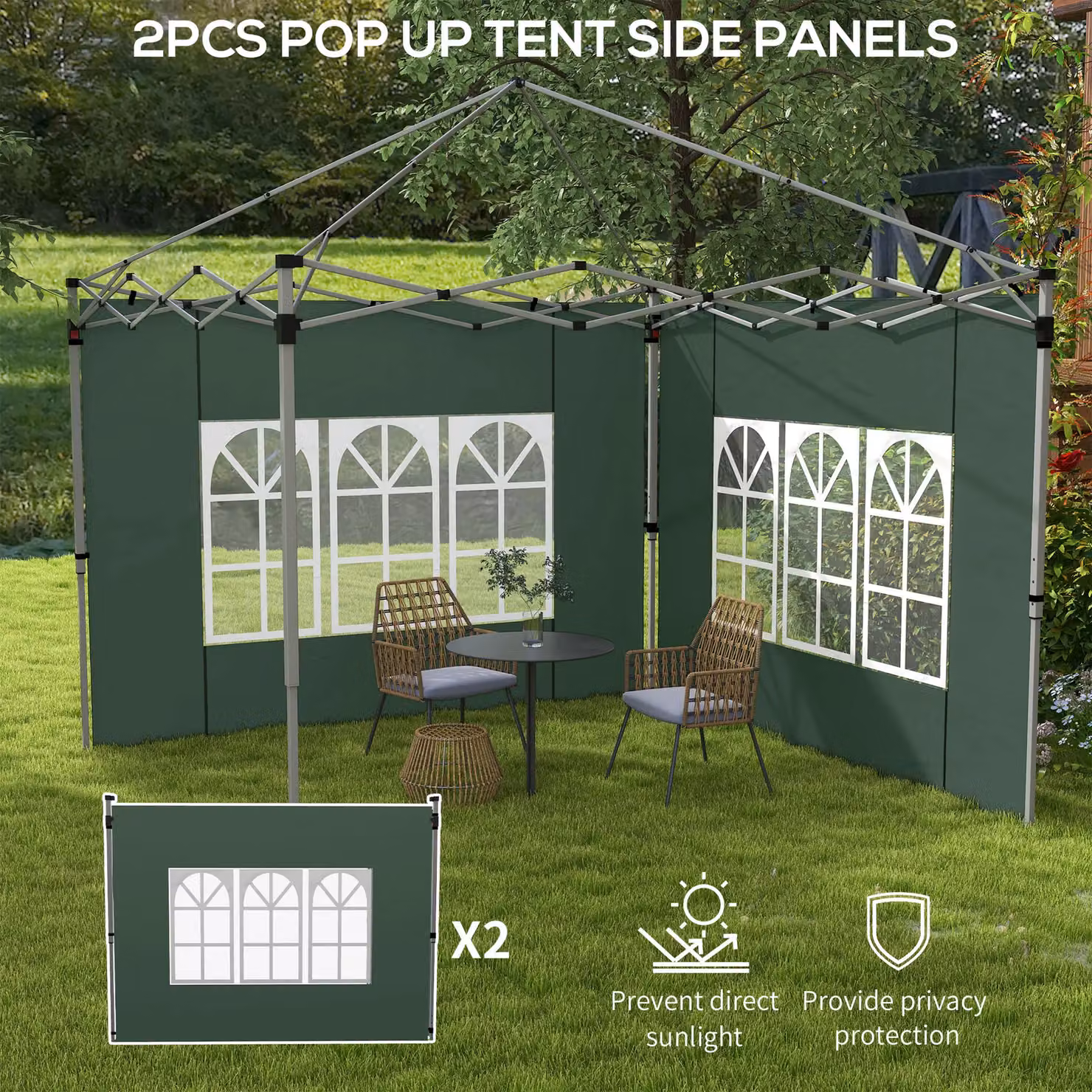 OUTSUNNY Green Polyester Gazebo Side Panels for 3x3m or 3x4m Pop Up Gazebos, 2 Pack – 3