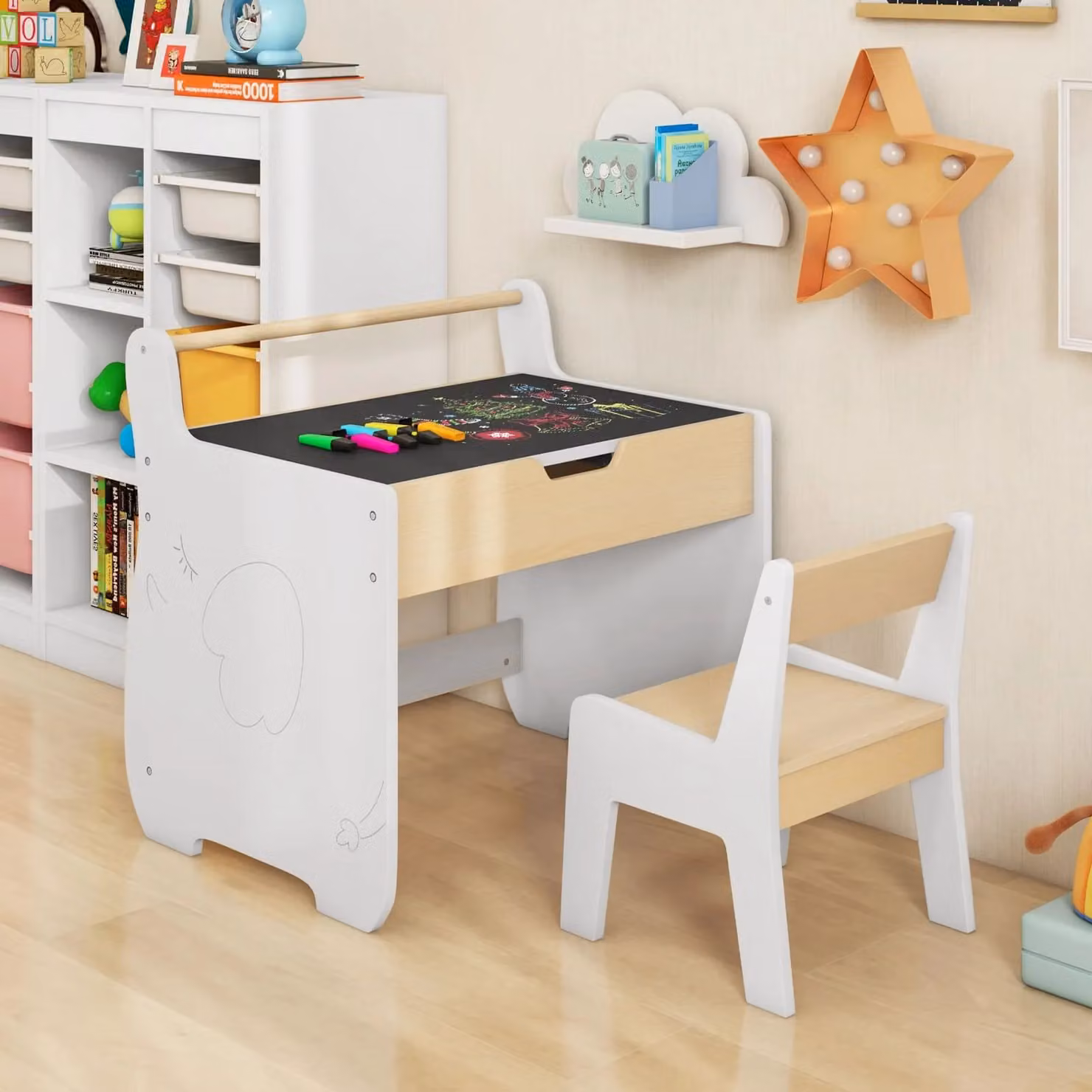 Costway Wooden Childrens Activity Table and Chair Set in Natural Wood and Beige