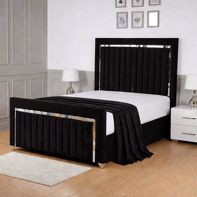 Living Comfort Bedz Chrome Edge Ottoman Gas Lift Storage Bed in Black Velvet, Double, W/D/H: 140 x 200 cm