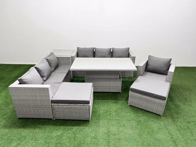 Fimous 7 Piece Rattan Dining Table Set with 3 Seater Sofa in Light Grey