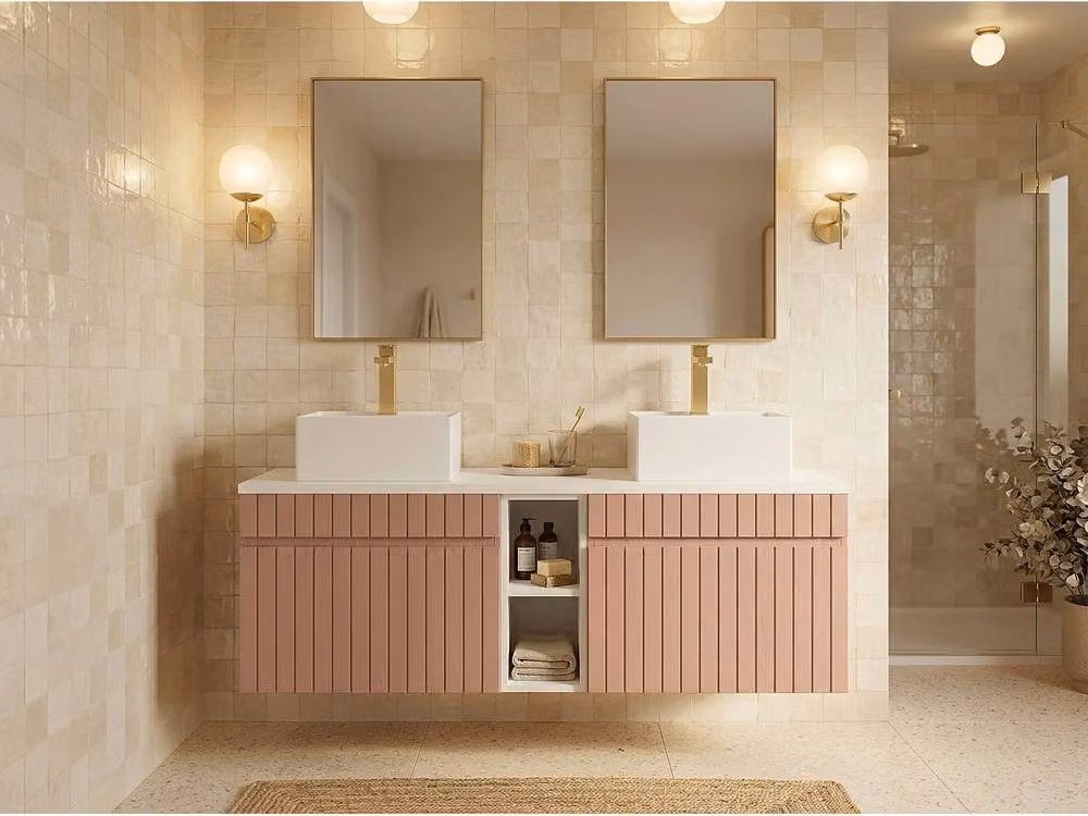 SATARA Striped Suspended Vanity Unit with Niches in Pink and White, Width: 140 cm – 2