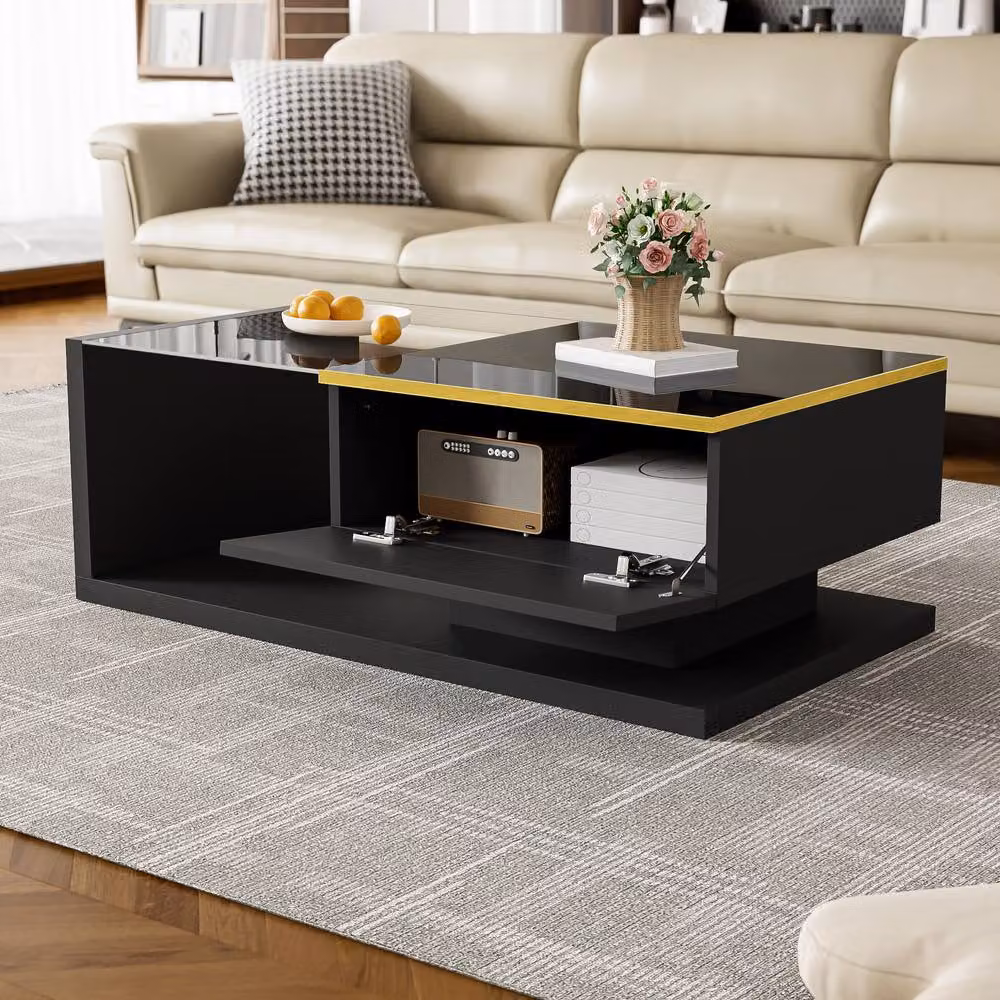 Rolipo Modern High Gloss Black Coffee Table with LED Lights and Glass Top, W: 90 cm – 2