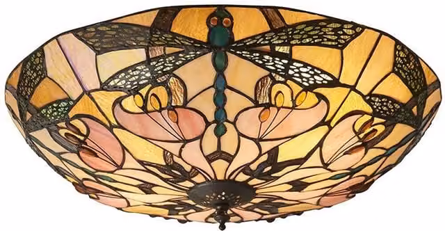 Loops Tiffany Glass Semi Flush Ceiling Light with Dragonfly Round Inverted Shade in Clear and Bronze – 1