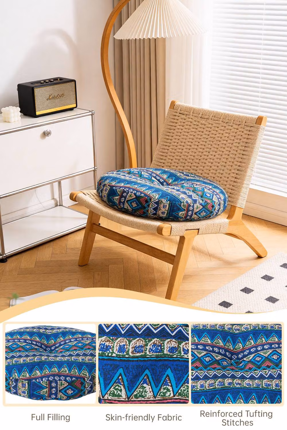 Living and Home Bohemian Style Round Linen Floor Cushion in Blue with Removable Cover – 2