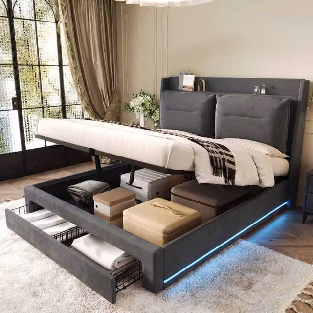 BTM Dark Grey Velvet Double Hydraulic Bed with LED Under-Bed Lighting and Storage – 1