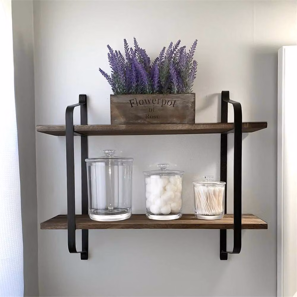 FLAVORA Industrial Wall Mounted Shelf in Black and Pine Wood, W: 60 cm, D: 15 cm – 3