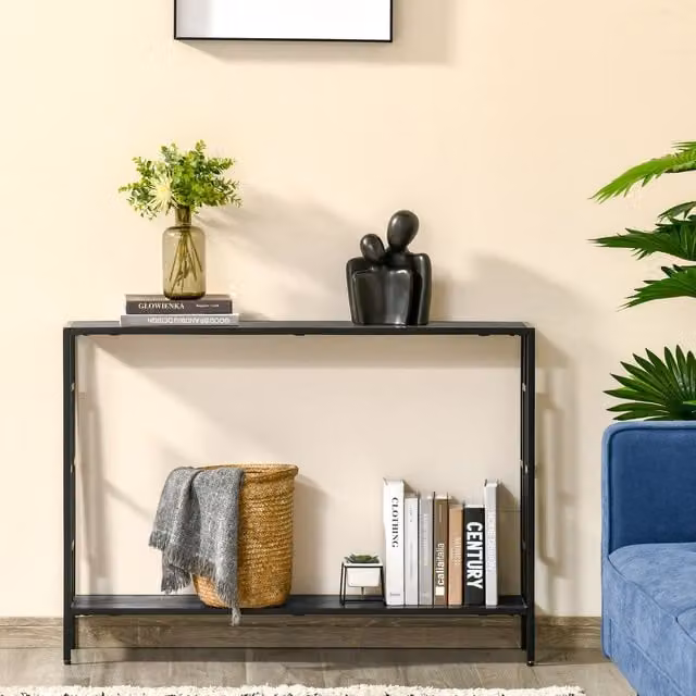 HOMCOM Industrial Console Table with Storage Shelf, Black Metal Frame and Grey MDF Finish – 1