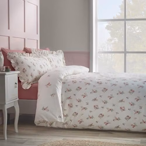 Catherine Lansfield Reversible Ditsy Floral Flannelette Cotton Duvet Cover and Pillowcase Set, Pink, W/D/H: 180 x 200 cm, Pillowcase: 50 x 75 cm