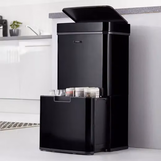 Cooks Professional 75L Recycling Sensor Bin with Dual Compartments, Removable Food Caddy and 25 Biodegradable Bin Bags in Black and Copper – 4