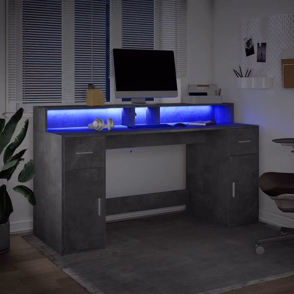 Berkfield Home Soft Desk with LED Lights in Concrete Grey, W/D/H: 160 x 55 x 91 cm – 4