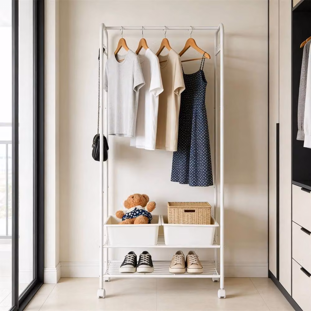 ERGOVEXA 2-Tier Metal Clothes Hanging Stand and Garment Organiser Rack in White – 4