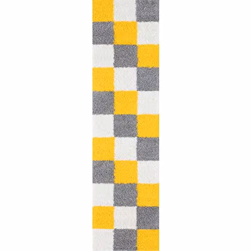 THE RUGS Modern Checked High Pile Shaggy Area Rug, Yellow and Grey, W/D/H: 80 x 300 cm – 3