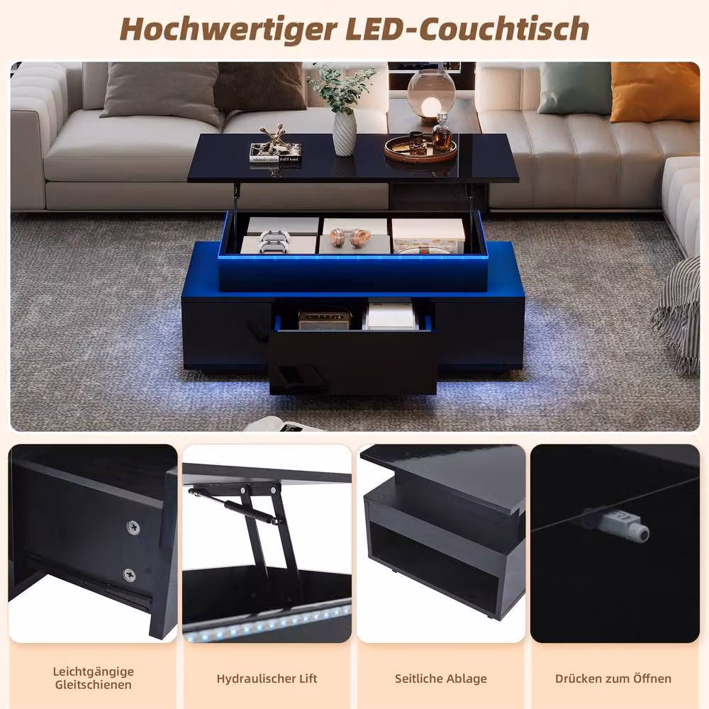 Rolipo Black High Gloss Lift Top Coffee Table with Storage and Lift Mechanism – 3