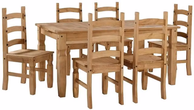 FORGEVIO Rustic Pine Extendable Dining Table and 6 Chairs Set in Brown and Beige