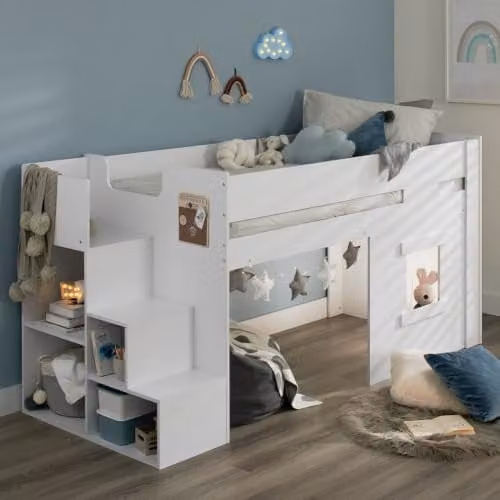 Flair Furnishings Midsleeper Cabin Bed for Children in White with Stairs and Side Compartments – 1