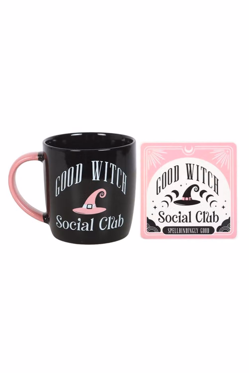 KDMD Good Witch Social Club Mug and Coaster Set in Black and Pastel Pink – 2