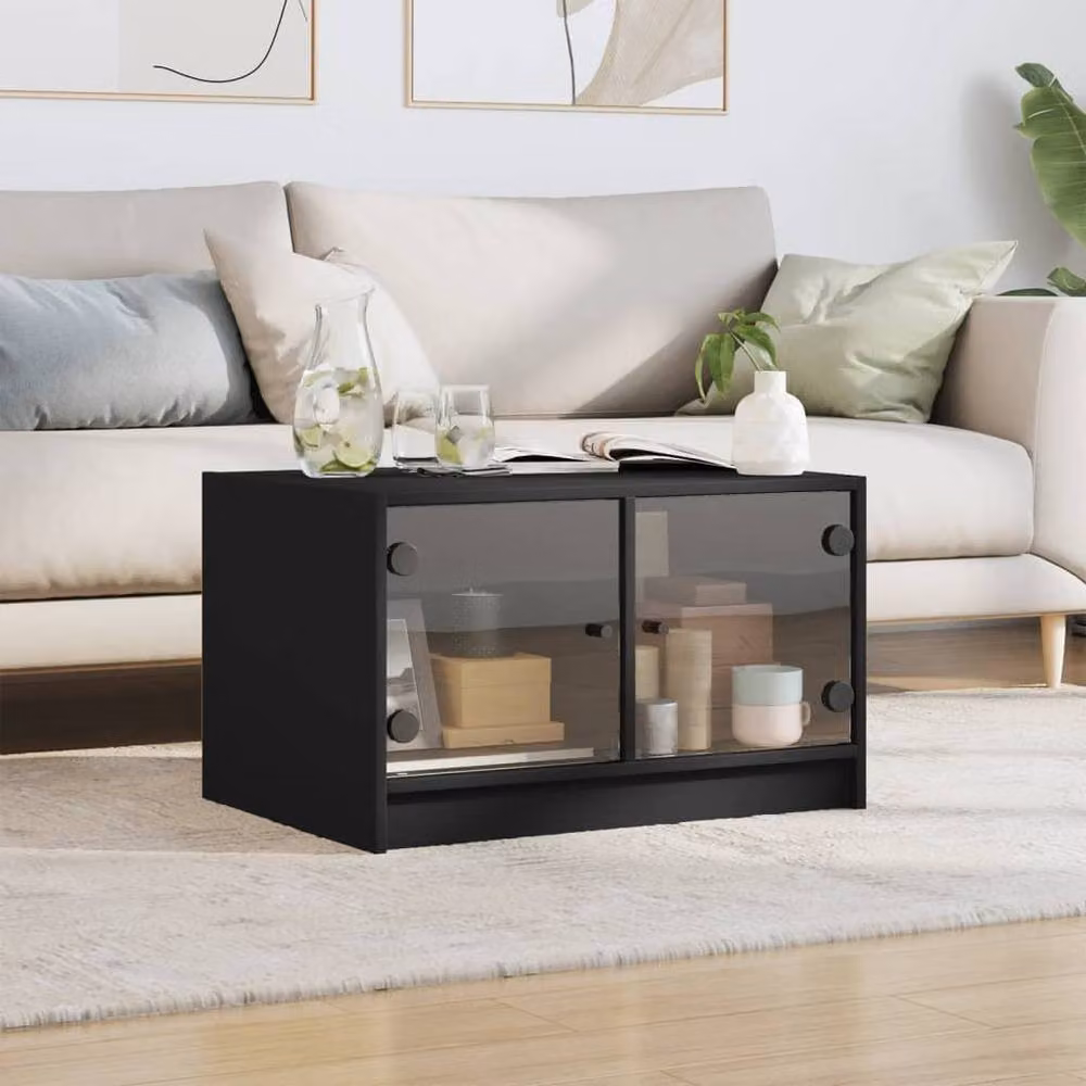 Berkfield Home Modern Black Coffee Table with Glass Doors, W: 68 cm, D: 50 cm, H: 42 cm – 3