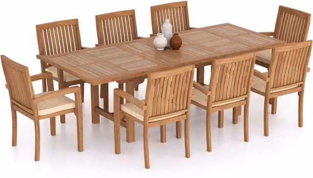Eterna Extendable Rectangular Teak Garden Dining Table and 9 Chair Set