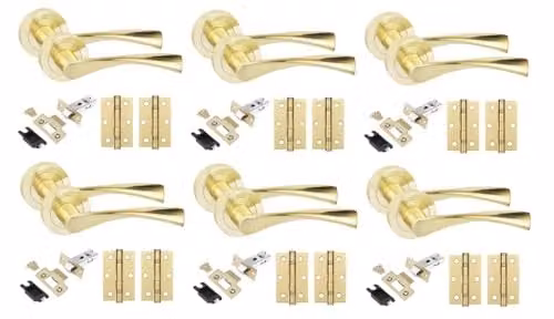 Golden Grace Astrid Door Handle Sets with Latch and Hinges in Satin Brass, 6 Pack