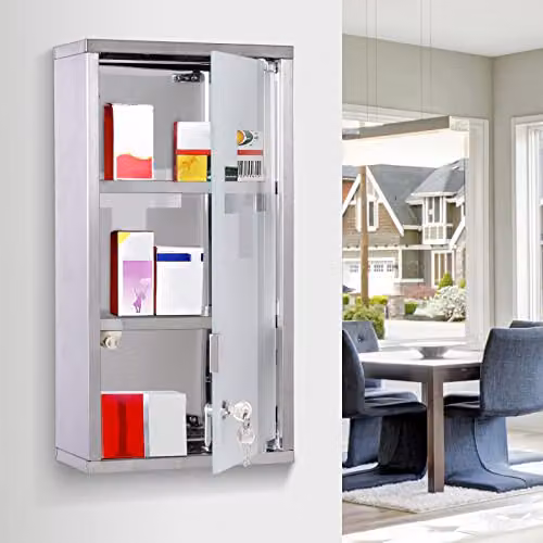 HOMCOM Lockable Stainless Steel Wall Mounted Medicine Cabinet in Silver with Glass Doors and 2 Internal Shelves, H 48 x W 25 x D 12 cm – 2
