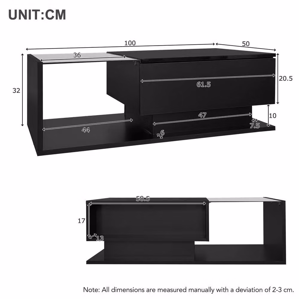 STILVORA LED Coffee Table with Drawer and Black Tempered Glass Top – 3