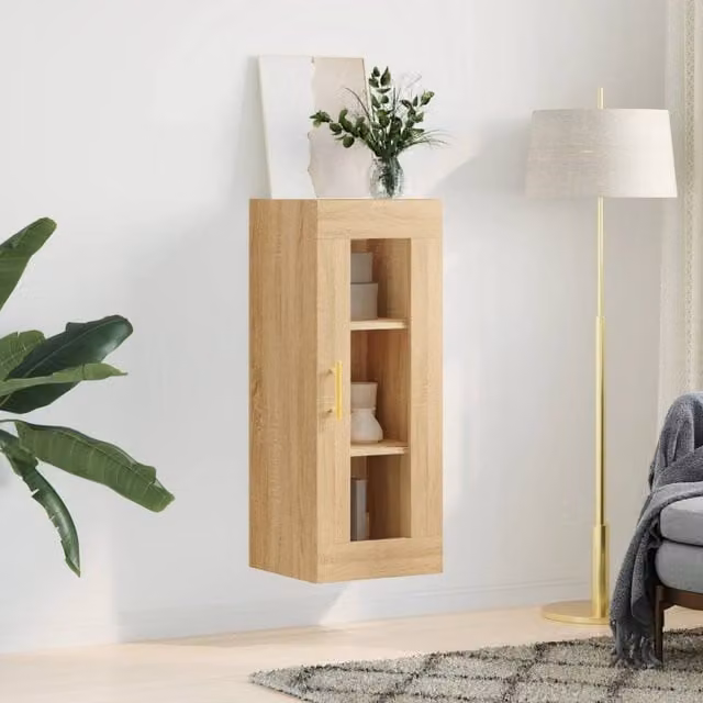 Berkfield Home Wall Mounted Sonoma Oak Cabinet with Glass Doors in Light Brown, W/D/H: 34.5 x 34 x 90 cm